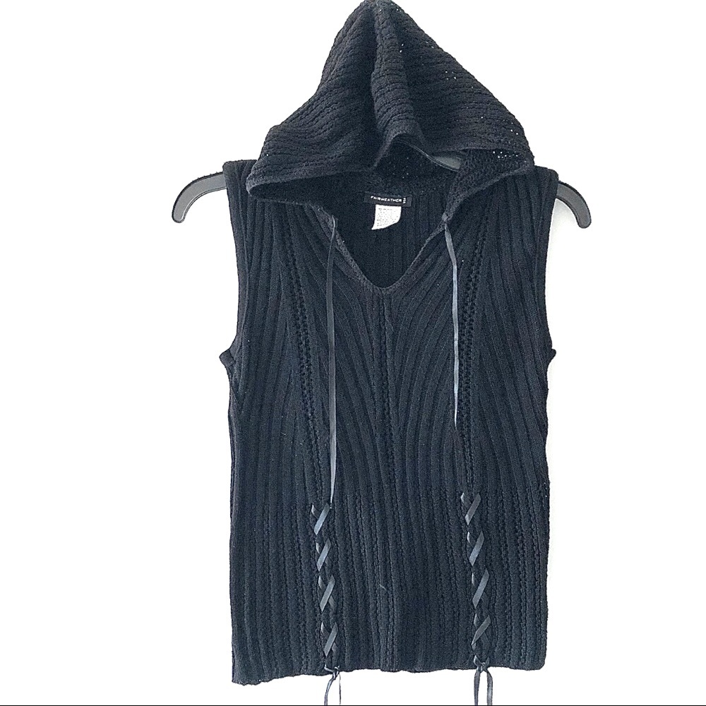 Fairweather Black Machine Knit Sleeveless Hooded Sweater with Ribbon detailing